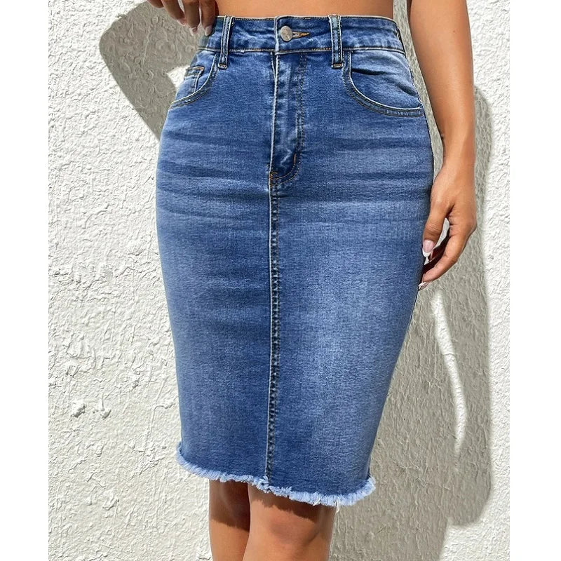 Ladies knee length denim skirt best sale