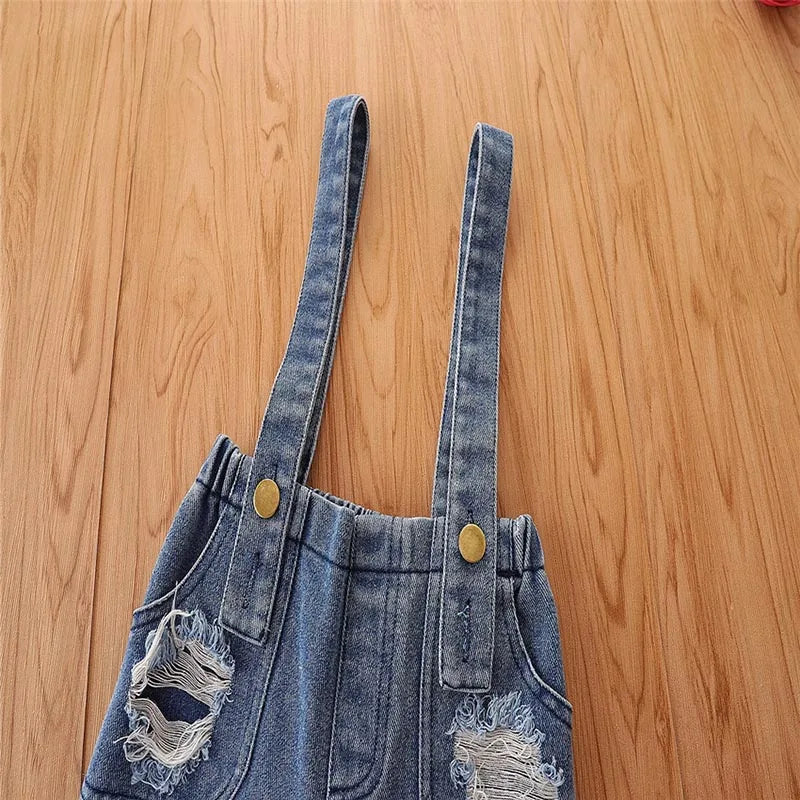 Ideal Sleeve Top + Denim Overalls For Toddler Girl