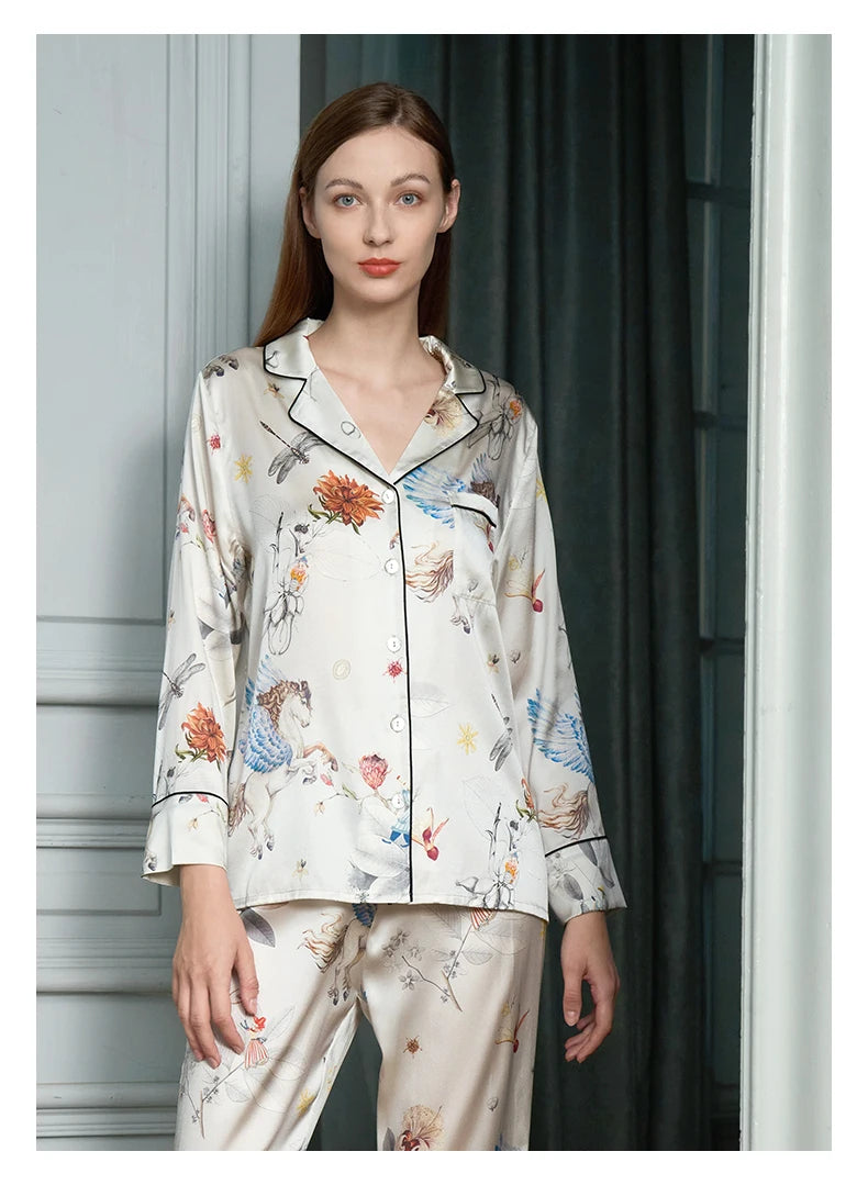 Pure Mulberry Silk Pajama Set for Ladies Lapel Long Sleeve Pants