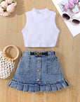 Stylish High Neck Sleeveless Vest Top With Denim Pocket Skirt For Girls