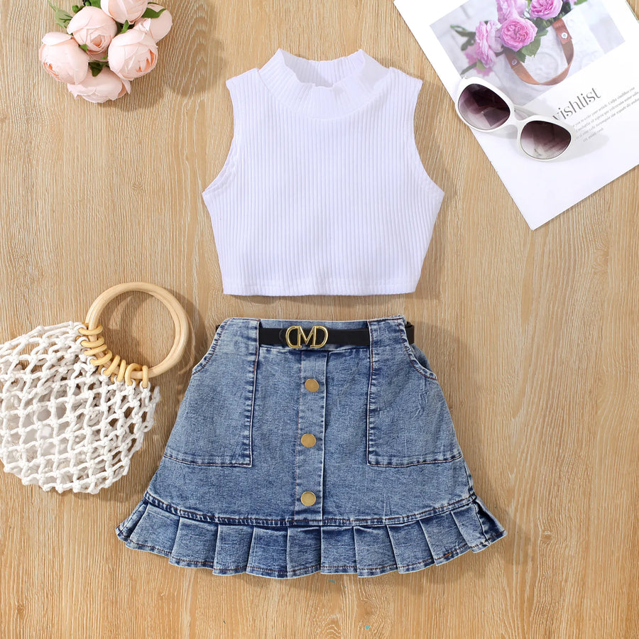 Stylish High Neck Sleeveless Vest Top With Denim Pocket Skirt For Girls