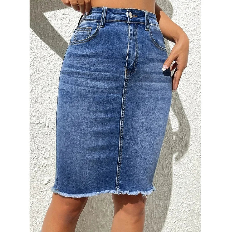 Quality Stretch Jeans Knee Length Skirt For Ladies