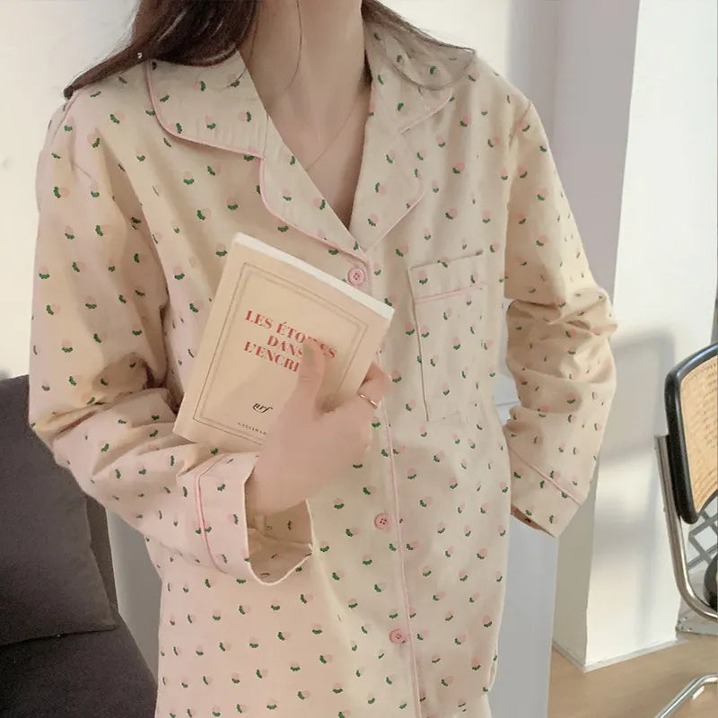 Cotton Pajamas Women Cardigan Suit