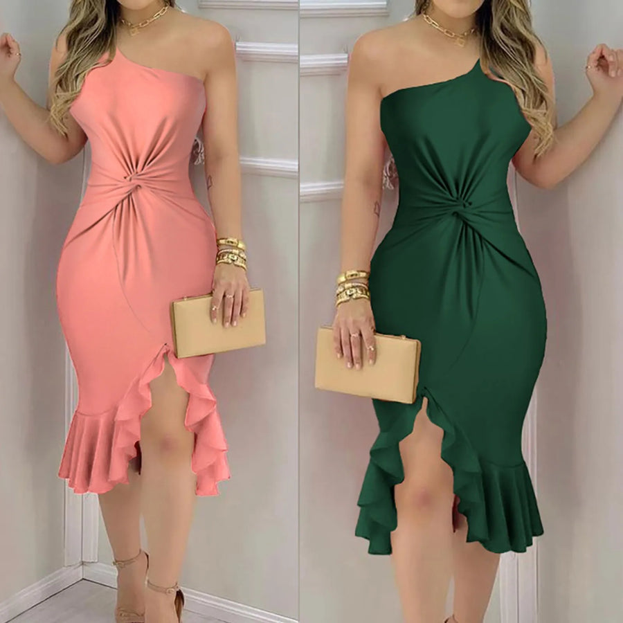 Beautiful One Shoulder Short Sleeve Dress for Ladies