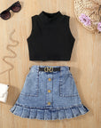 Stylish High Neck Sleeveless Vest Top With Denim Pocket Skirt For Girls