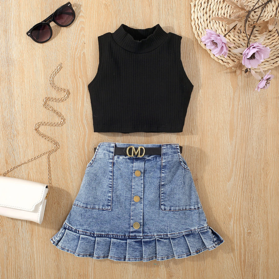 Stylish High Neck Sleeveless Vest Top With Denim Pocket Skirt For Girls