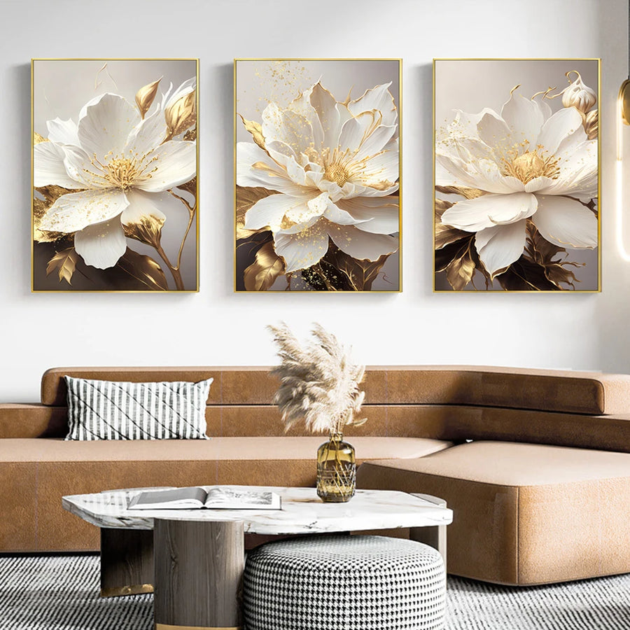 Gold Leaf Flowers Decorative Paintings for Living Room Modern Home Decoration