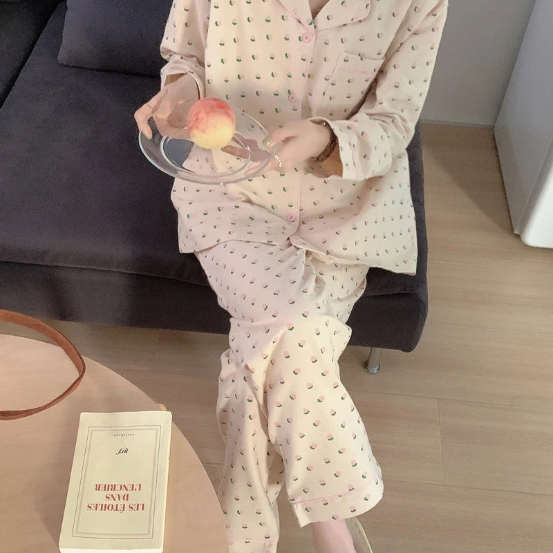 Cotton Pajamas Women Cardigan Suit