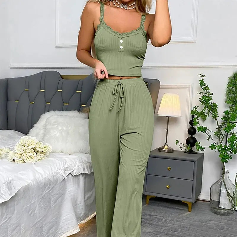 Sexy Sleepwear Set For Women Lace Suspenders Long Trousers