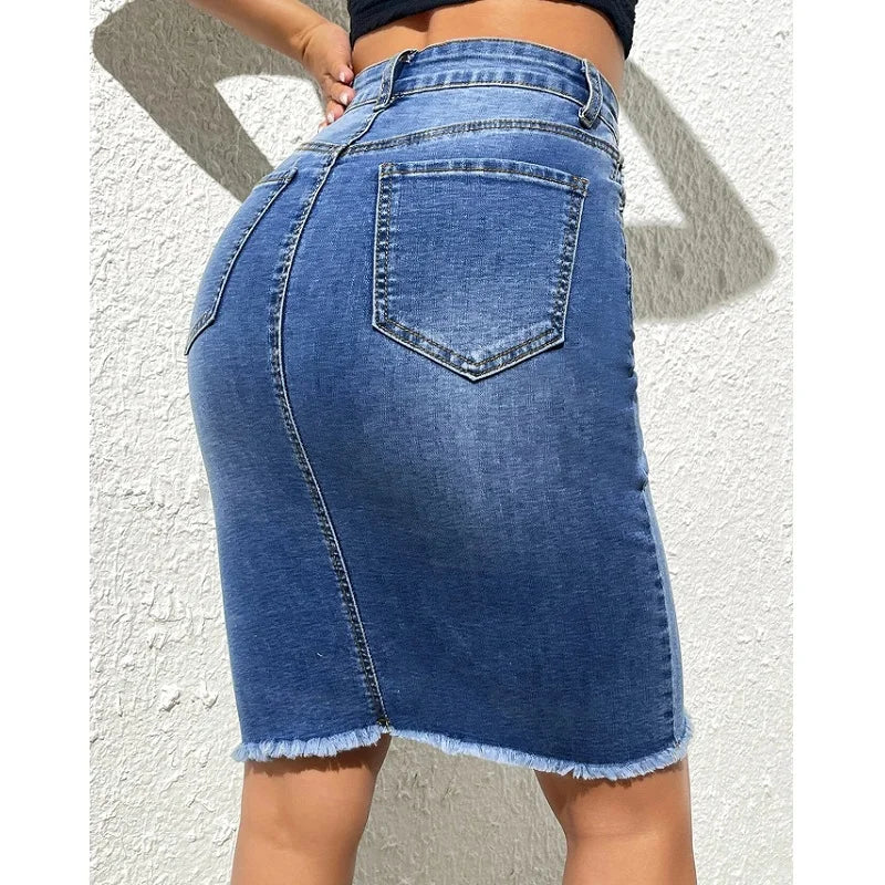 Quality Stretch Jeans Knee Length Skirt For Ladies