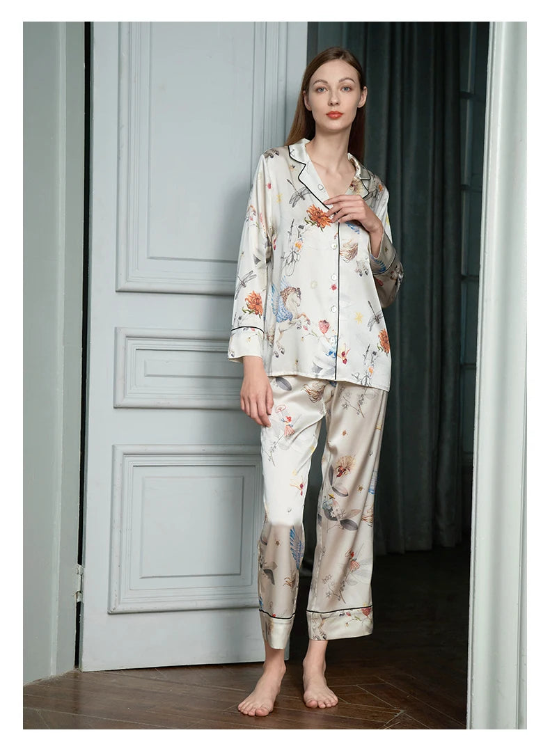 Pure Mulberry Silk Pajama Set for Ladies Lapel Long Sleeve Pants